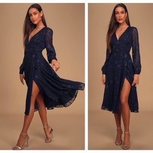Lulus Navy Blue Floral Jacquard Wrap Long-Sleeve Midi Dress | Size Small | NWT